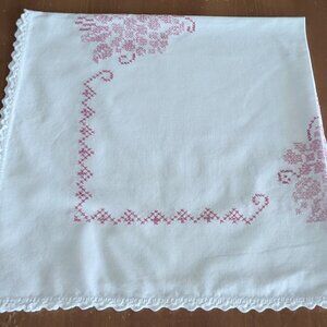 Vintage White Tablecloth with Pink Floral Cross-Stitch Flowers